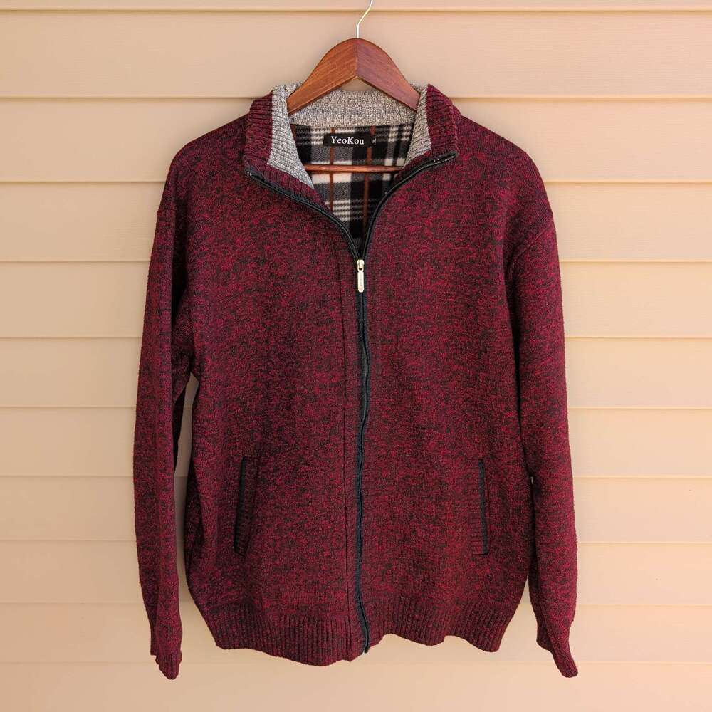 YeoKou Full Zip Cardigan Sweater Mens L Burgundy Plaid Lined Cashmere Blend
